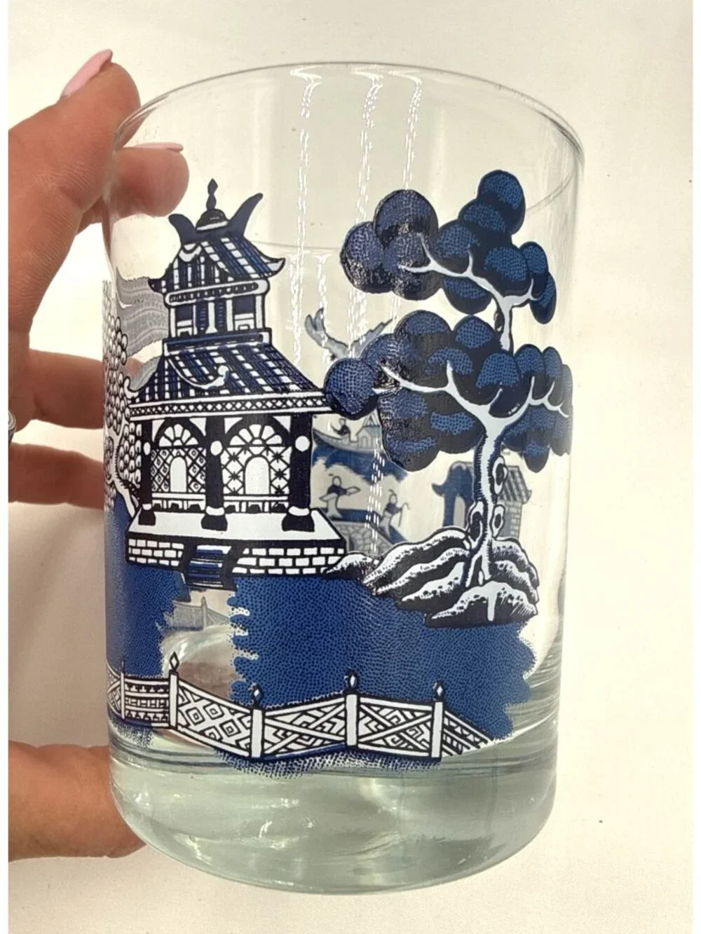 VTG Set Of 3 Blue Willow Patterned Glass Tumblers 4-Inch Height Asian-Inspired D